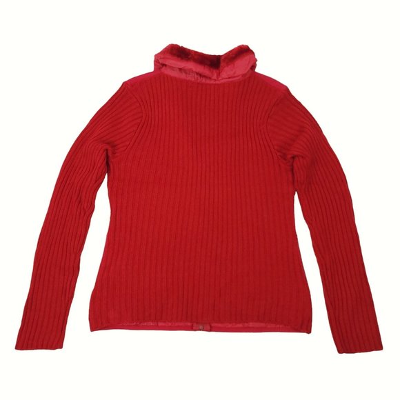 Creazioni Effeci Zip Quilted Sweater Jacket Womens M Red Faux Fur Collar NEW - Picture 2 of 16